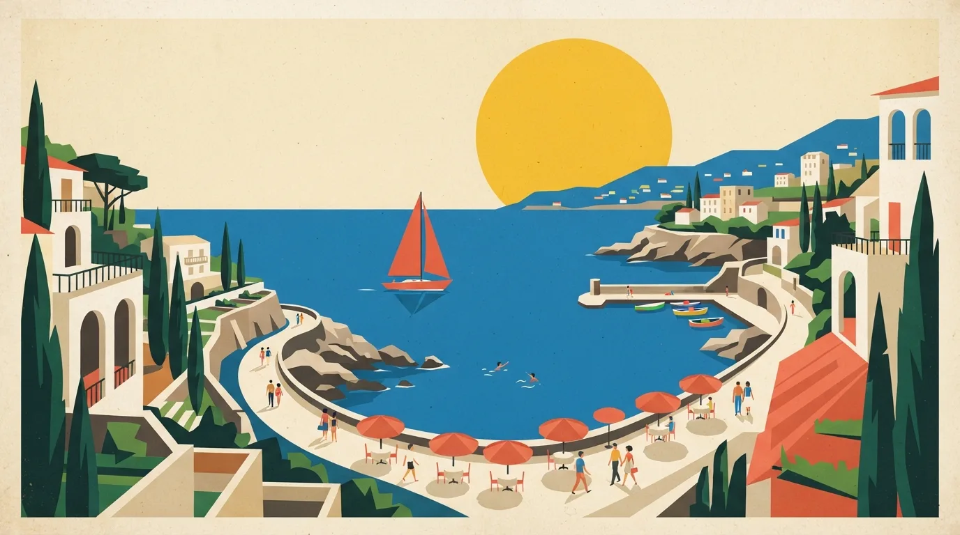 A stylised festival bay — sailboat, sun and pine-lined headland in flat poster colour.