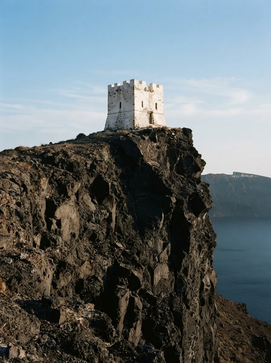 An old crenellated stone watchtower standing alone on a rocky spur high above the sea